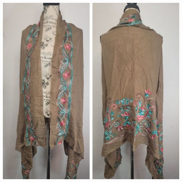 Pretty Angel Kimono Cardigan One Size Linen Blend Floral Embroidered Asymmetric - Picture 1 of 14
